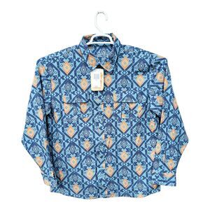 Aztec Navajo Western Fishing Shirt Mens XL Blue Fish Outdoor Reel Life Stretch